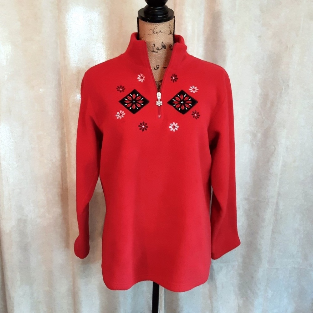 Red Fleece 1/4 Zip Pullover Embroidered Applique Snowflakes Size S